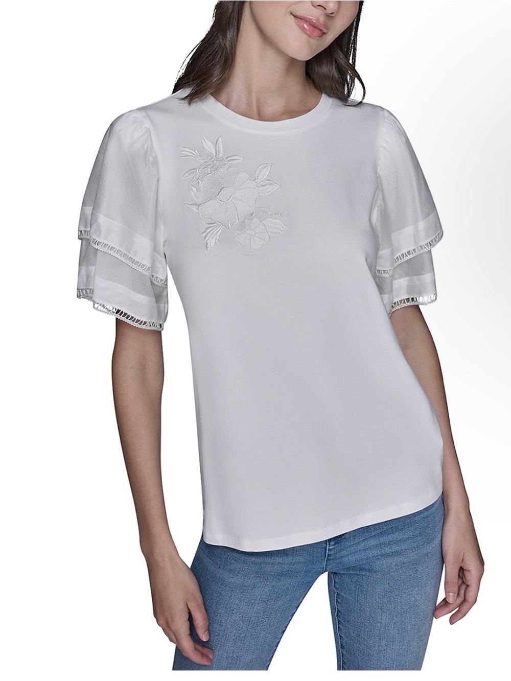 New Karl Lagerfeld Floral Knit Flutter Sleeve Top - Size M